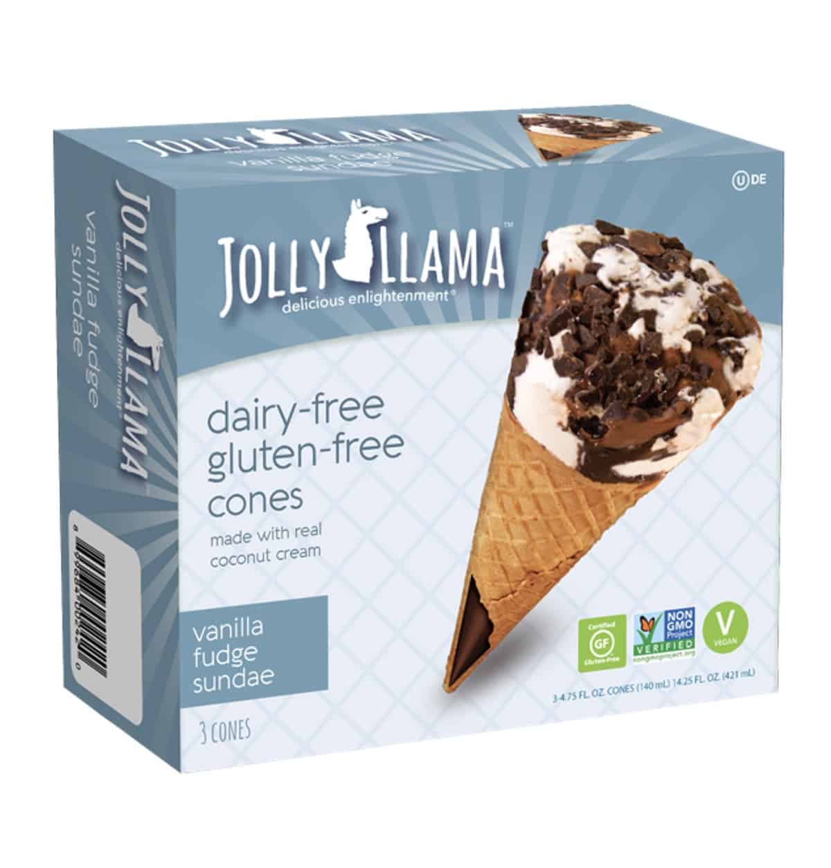 Jolly Llama's dairy free and gluten free ice cream cones in a box. 