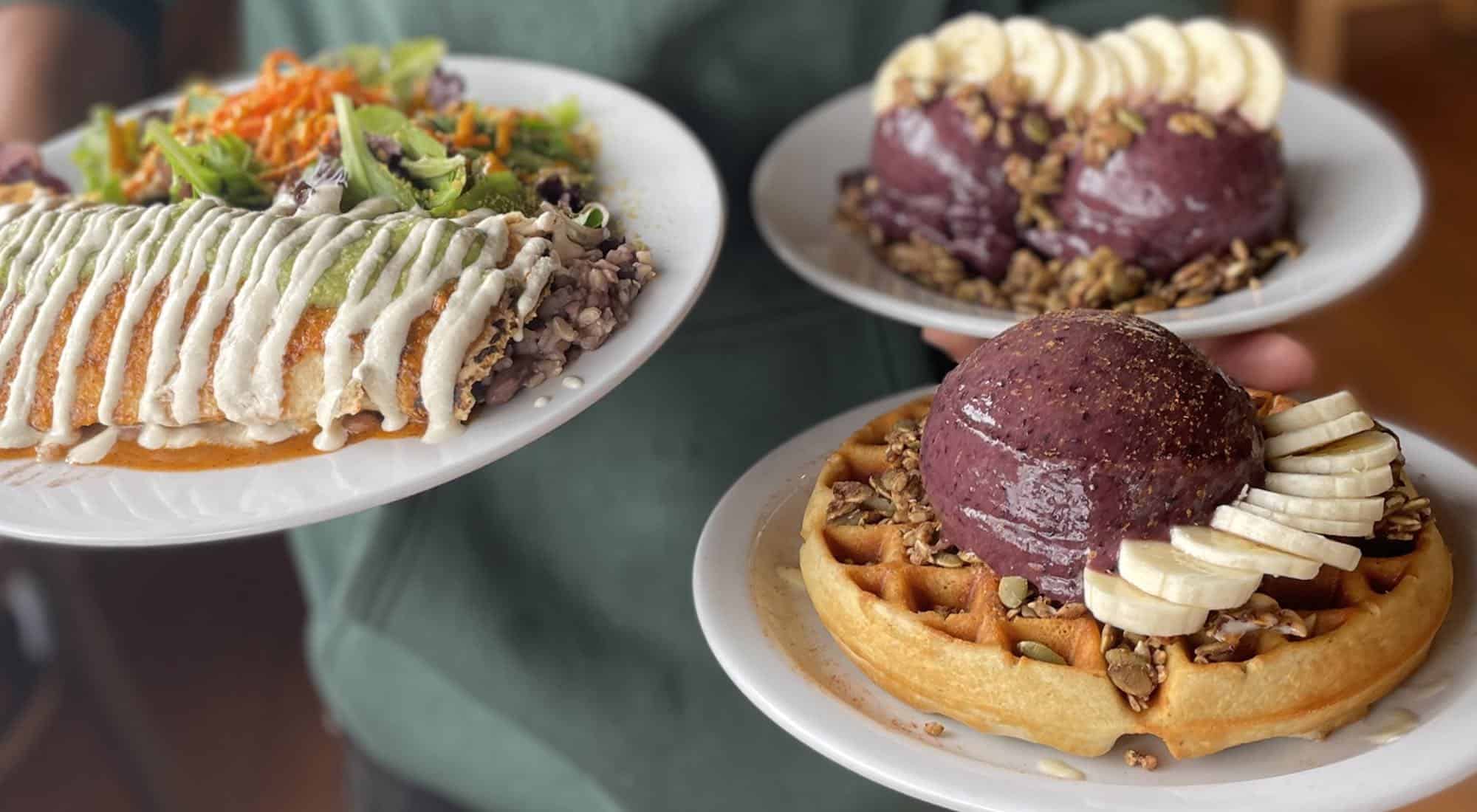 Vegan waffles and a burrito from Judalicious restaurant in San Francisco.