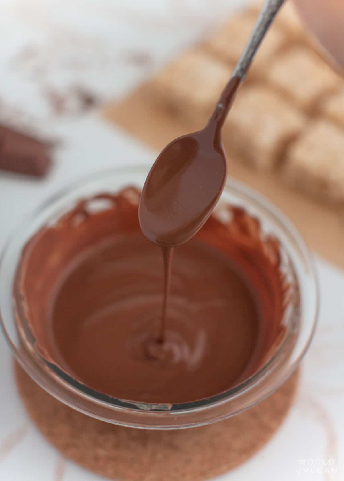 A bowl of melted vegan dairy-free chocolate. 
