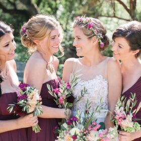 Vegan wedding bride with bridesmaids in Berkeley, California.