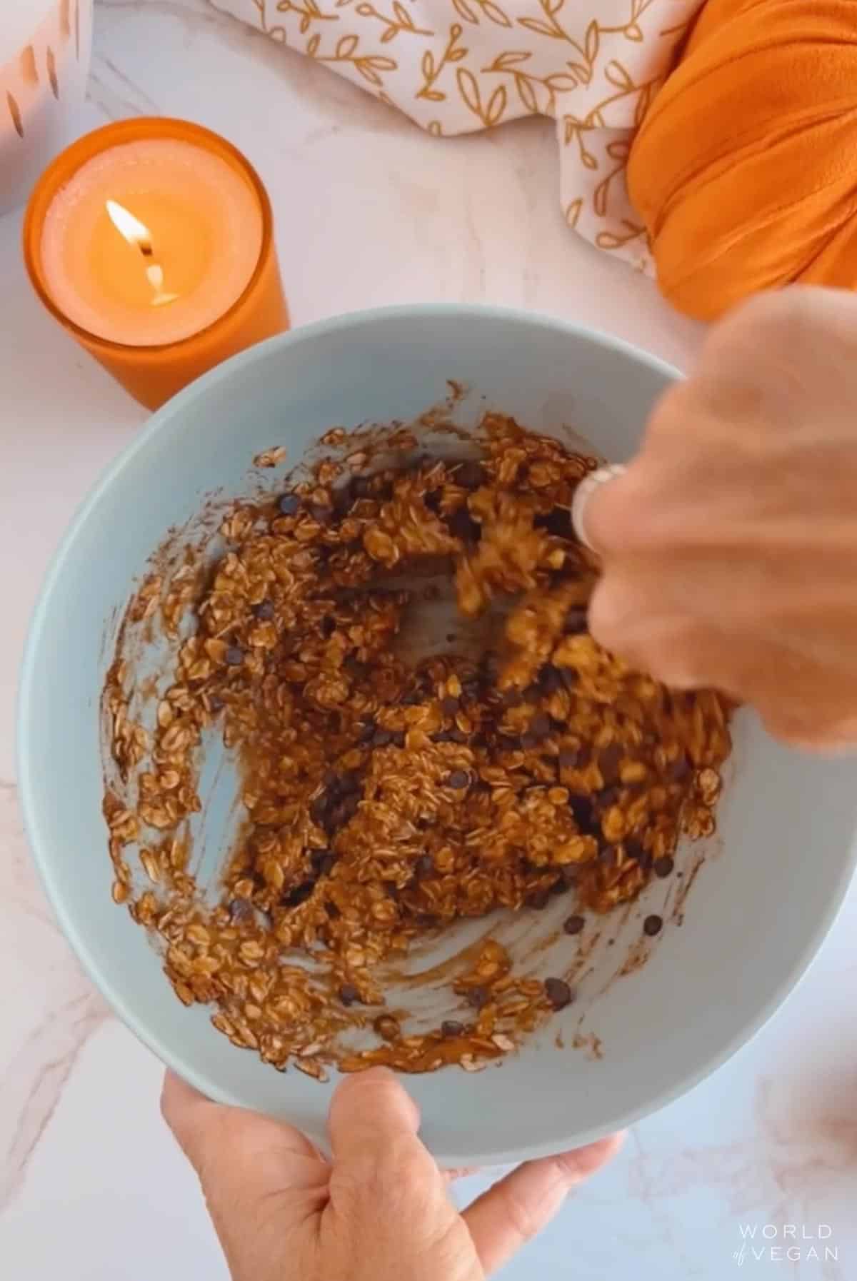 The batter for the oatmeal bites all mixed together in a large mixing bowl.