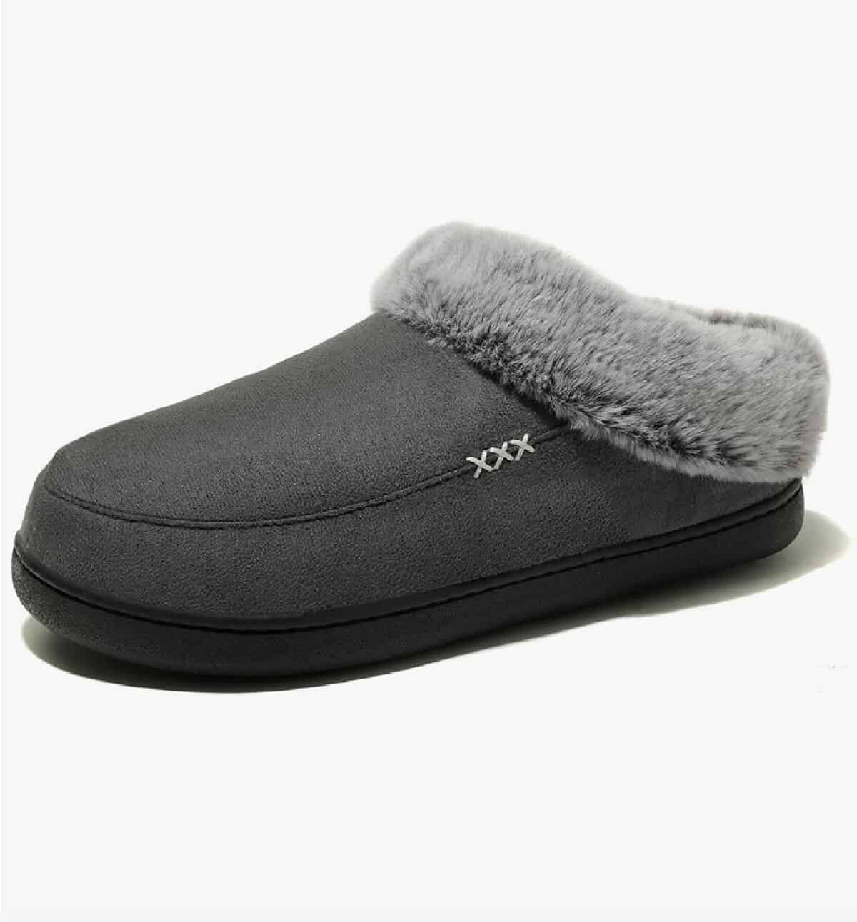 A single dark gray slip-on slipper in vegan suede and fleece with non-slip rubber sole. 