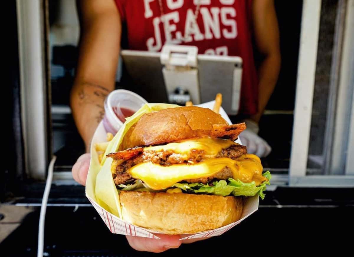 A vegan double bacon cheeseburger from Nom Burgers in Austin.