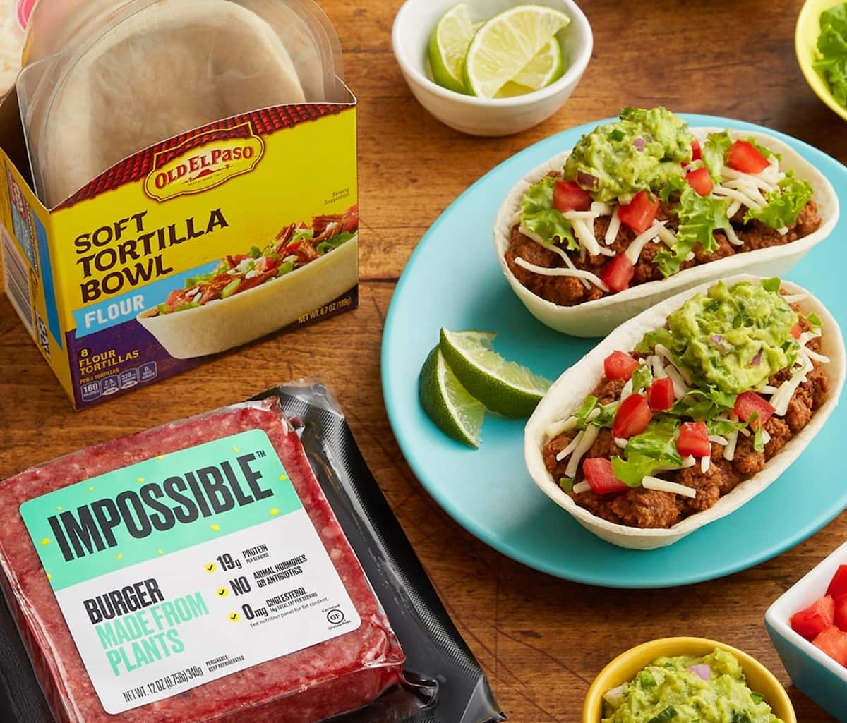 Old El Paso soft tortilla bowls served with vegan Impossible ground beef and guacamole.