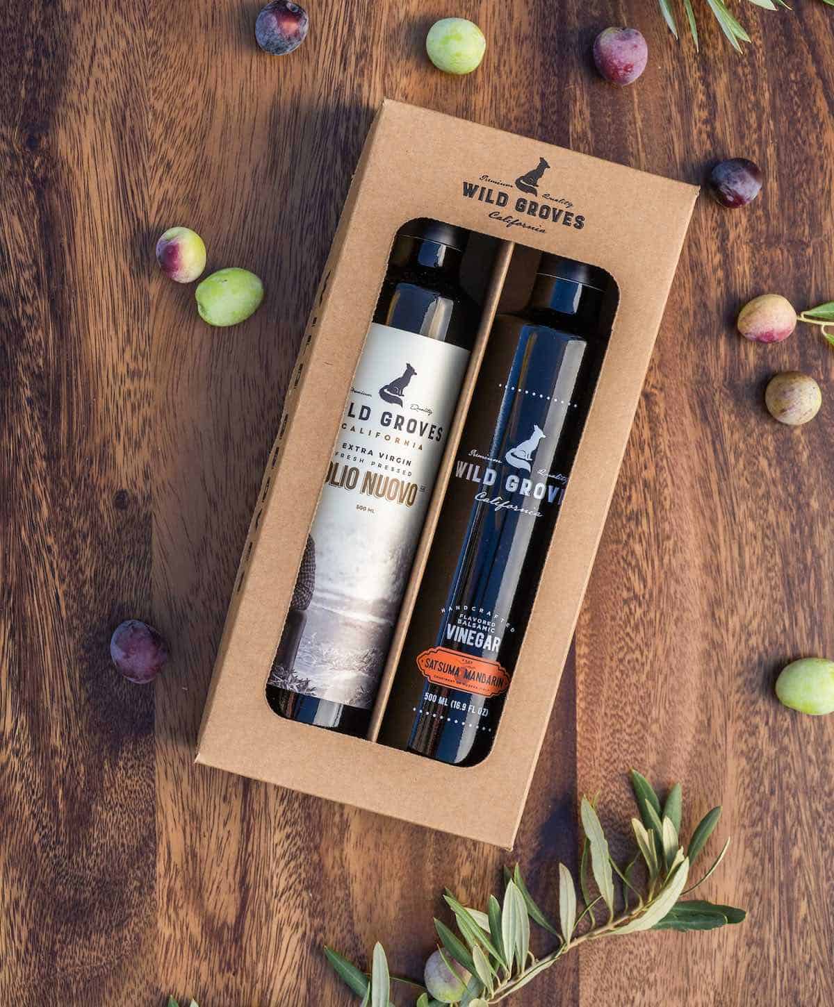 Beautifully wrapped olive oil and vinegar gift set from Wild Groves. 