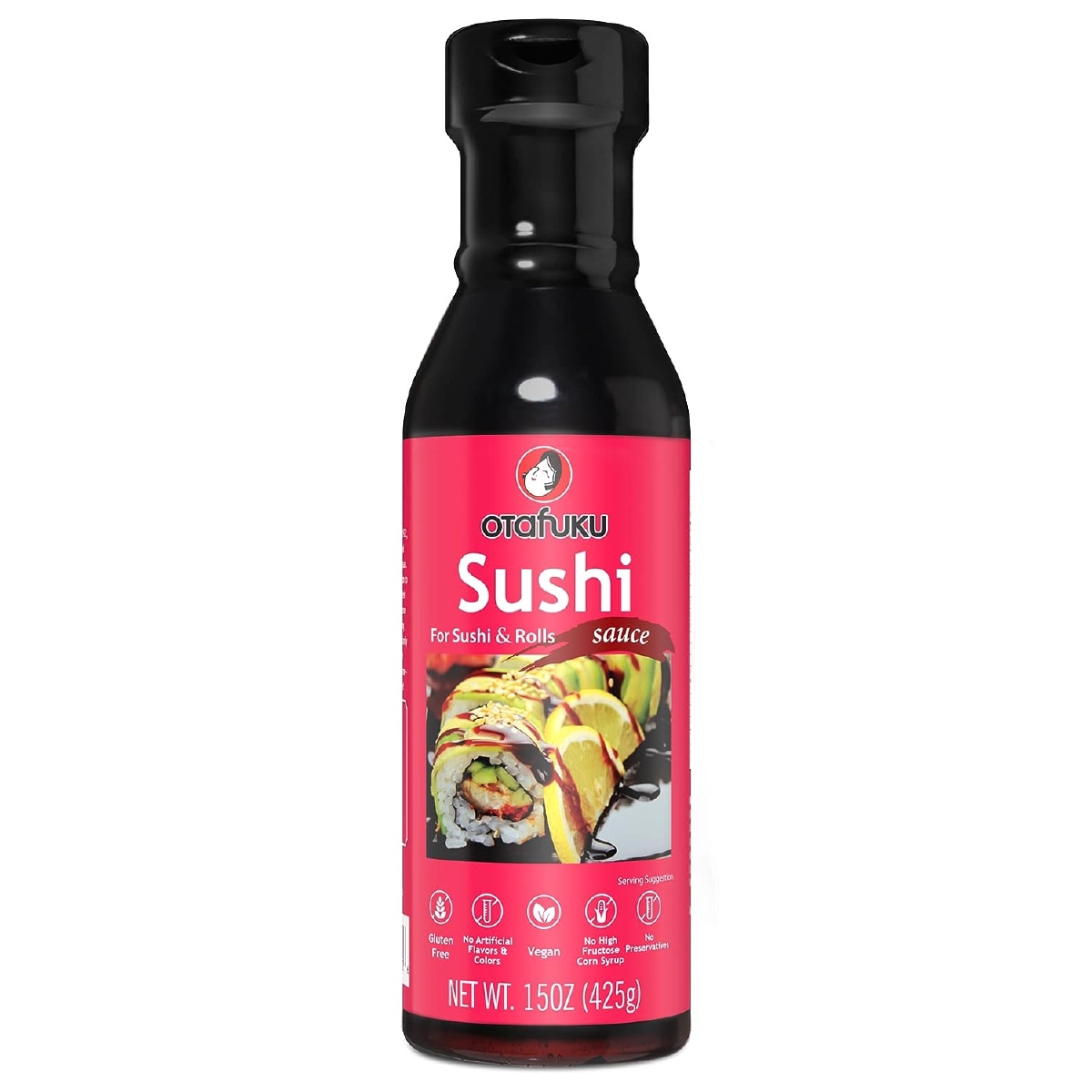 Dark glass bottle of Otafuku Sushi Eel Sauce with pink label on the white background.