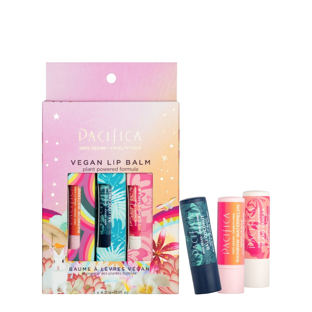 A pink rainbow box of Pacifica Vegan Lip Balm next to three tubes of lip balm against a white background. 