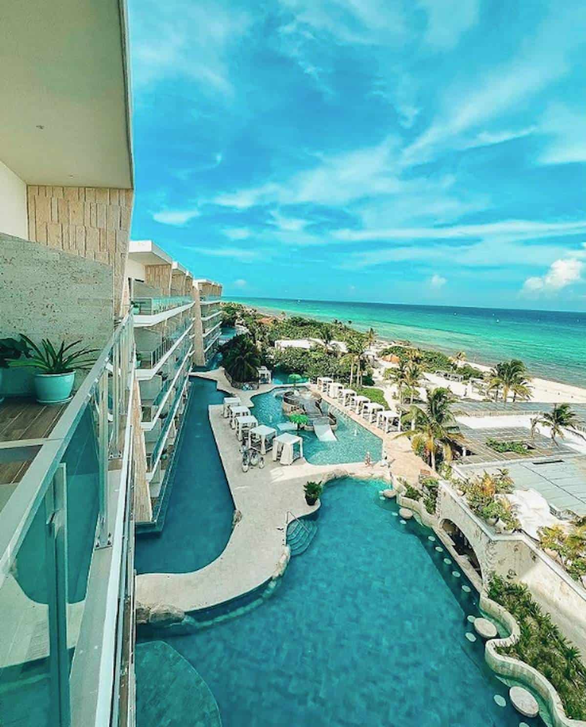 Looking down from a balcony over the various pools at Palmaia.