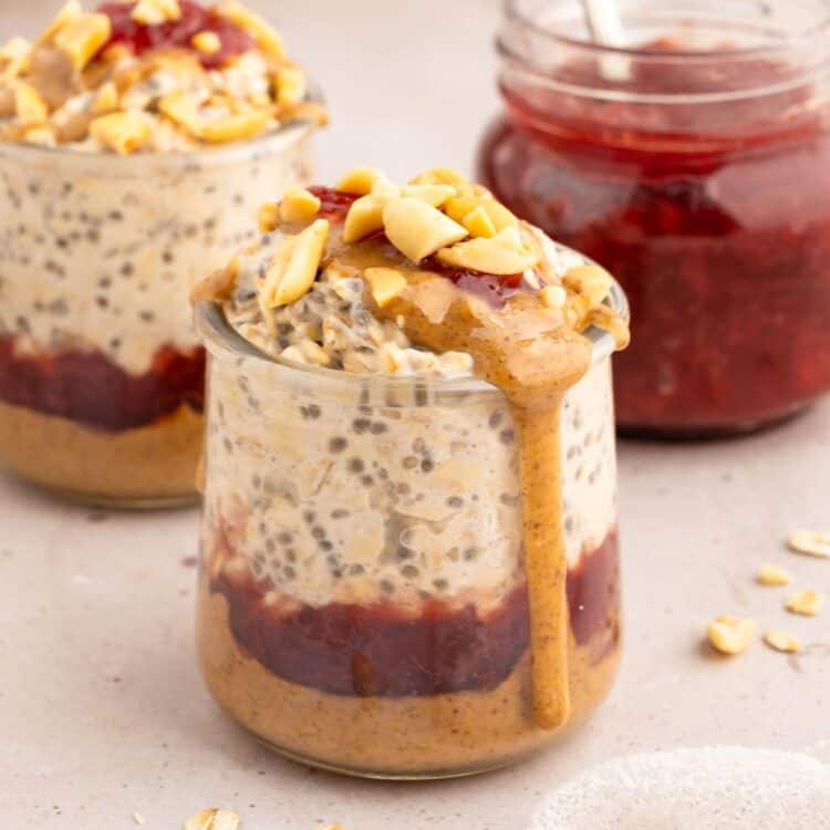 A jar of peanut butter overnight oats.