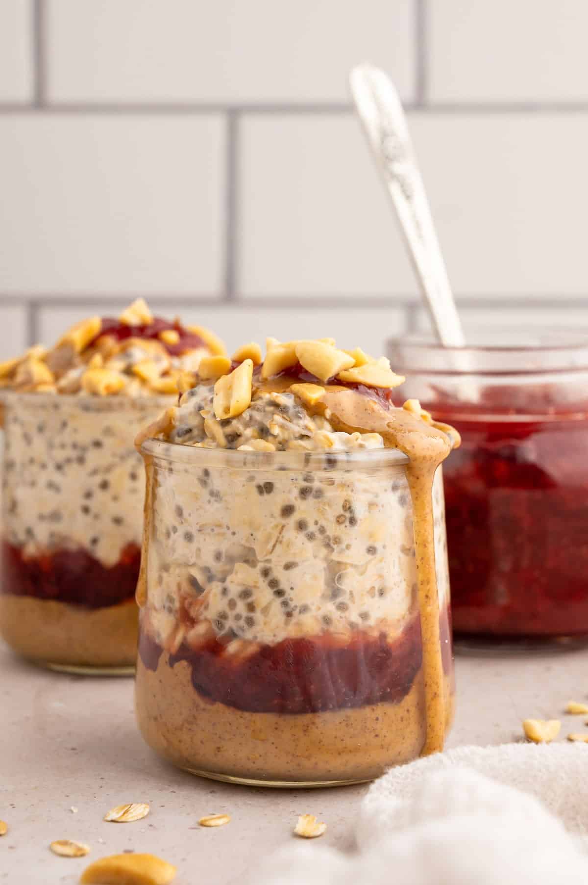 Peanut butter overnight oats on a countertop.