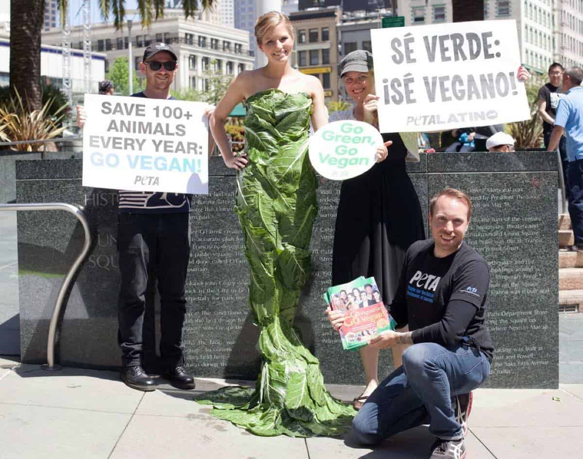 PETA Demo in downtown San Francisco with Michelle Cehn wearing a lettuce dress encouraging people to go green. 