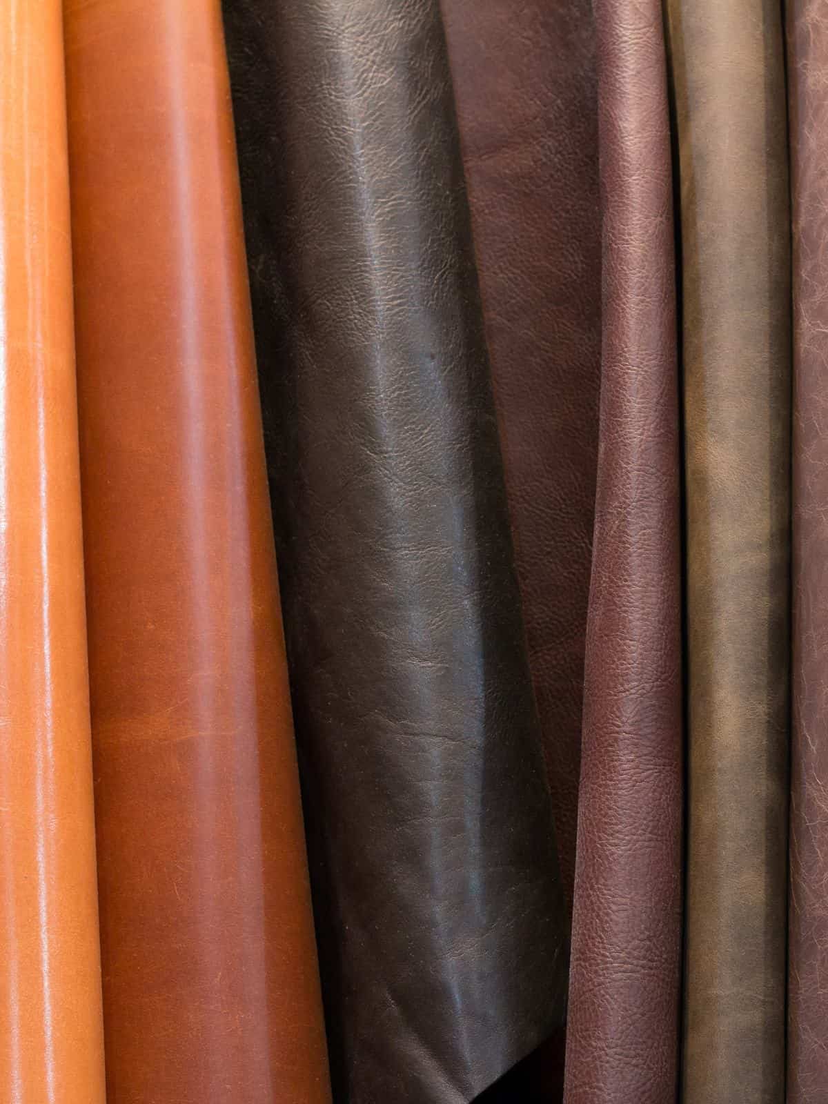 Polyurethane leather pieces in several shades of dark and light brown colors. 