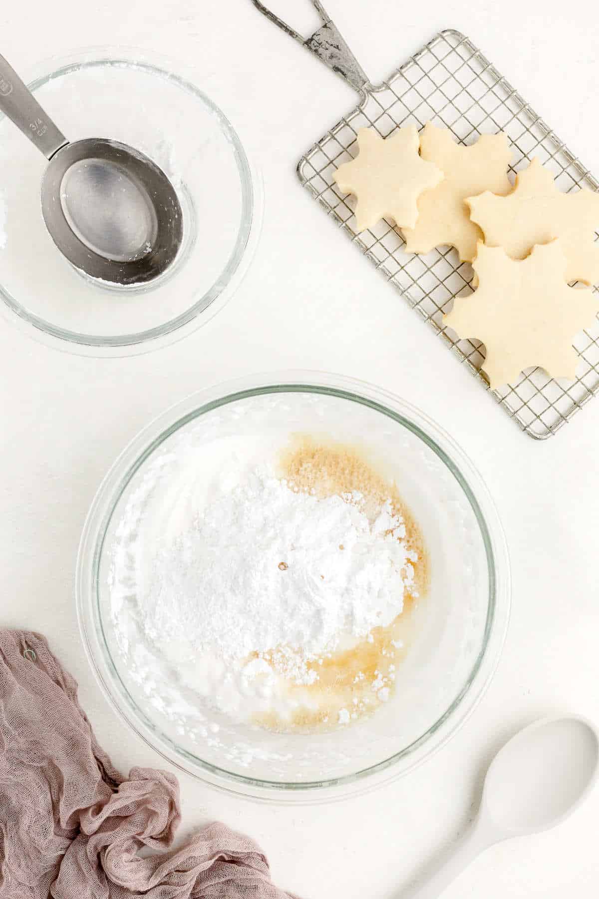 Ingredients for vegan royal icing added to bowl.