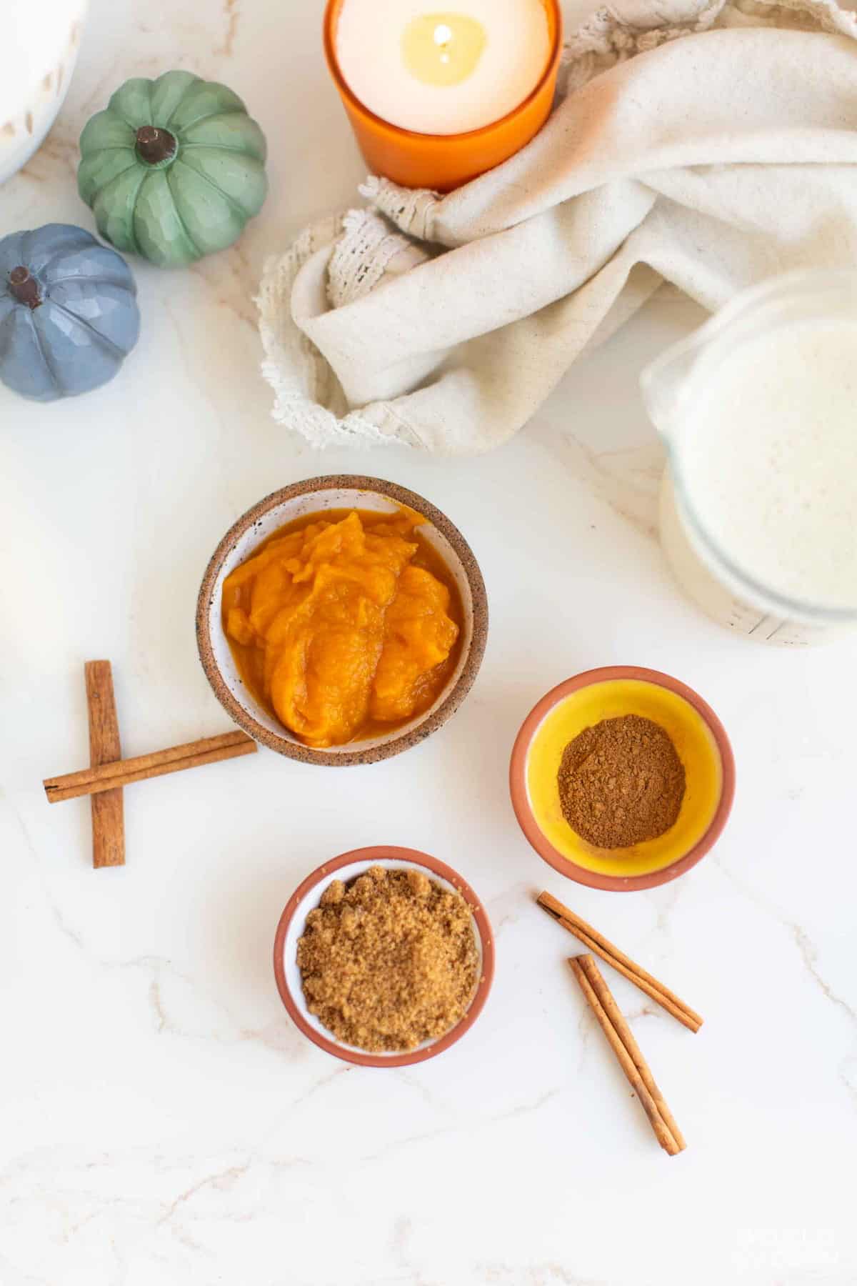 Overhead view of the ingredients for this pumpkin spice latte.