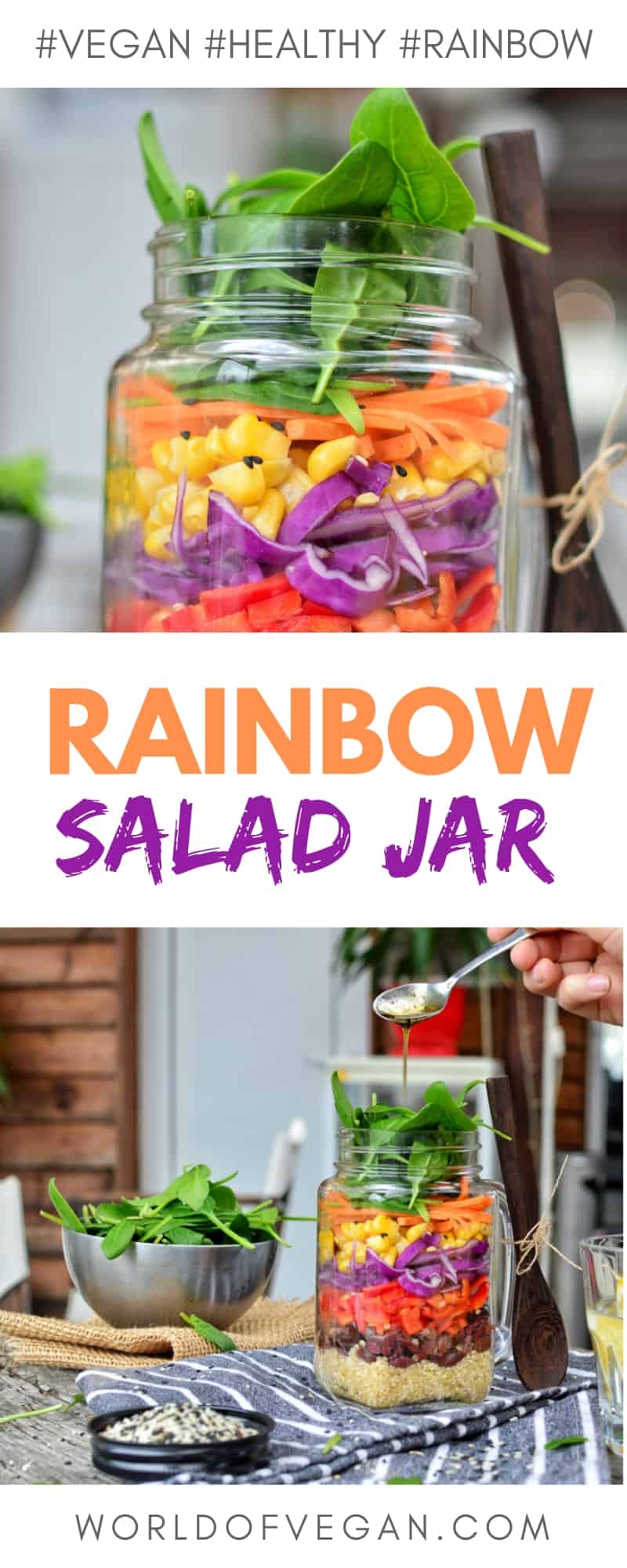 Rainbow Salad In A Jar | Zero Waste Lunch Idea | WorldofVegan.com | #zerowaste #lunch #salad #rainbow #recipe #healthy #veggies