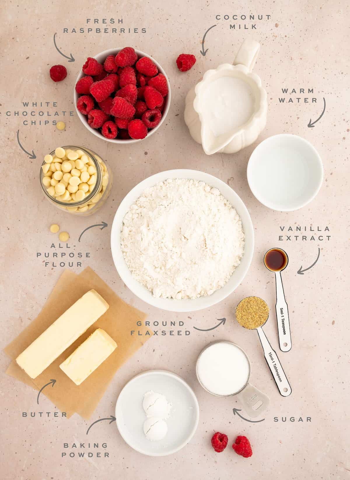 Ingredients for vegan scones laid out on a table.