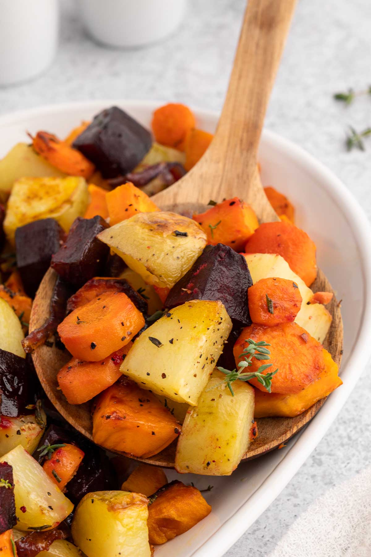 A close-up shot of roasted root vegetables.
