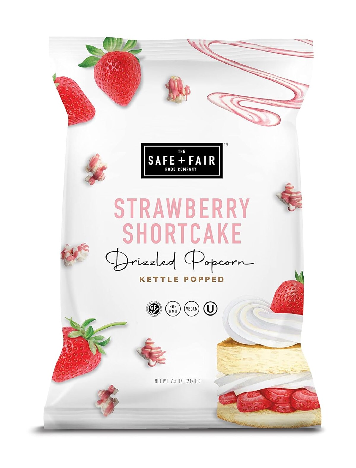A white bag of Safe and Fair vegan popcorn in Strawberry Shortcake flavor against a white background. 