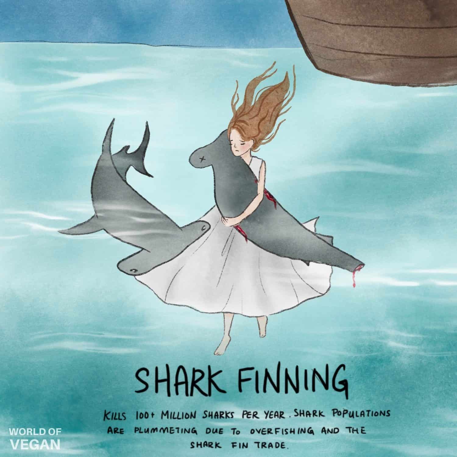 Shark Finning Art World of Vegan Illustration Girl Underwater Hugging a Shark
