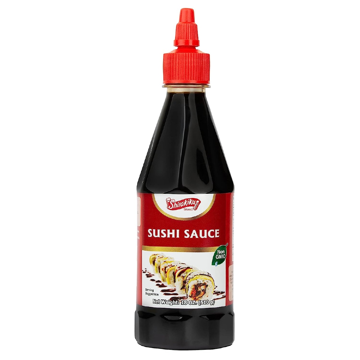 Plastic bottle of Shirakiku Japanese Eel Sauce with a red cap and dark label against a white background.