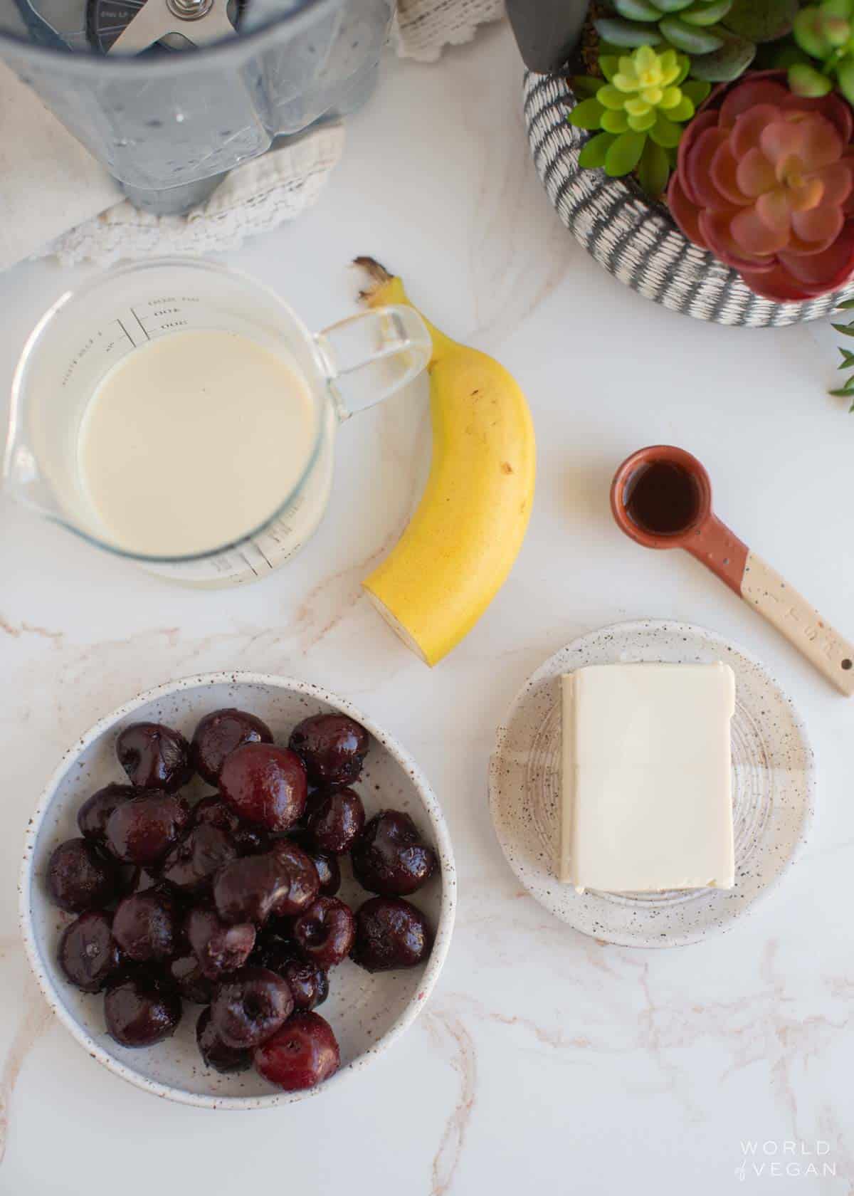 Ingredients for silken tofu smoothie measured out.