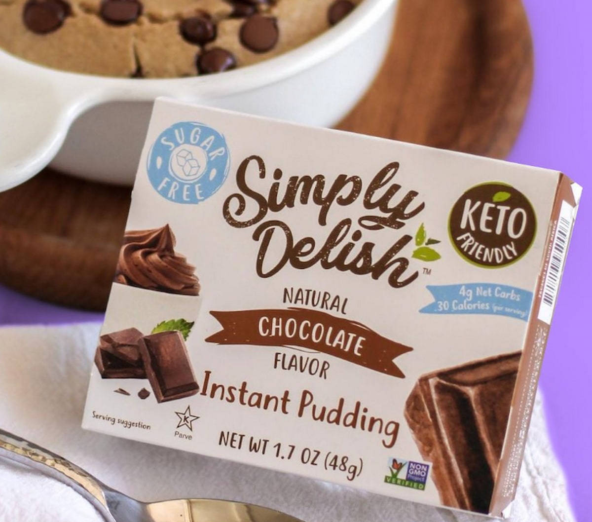A package of Simply Delish plant-based pudding.