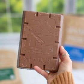 block of Sjaaks couveture vegan milk chocolate for baking