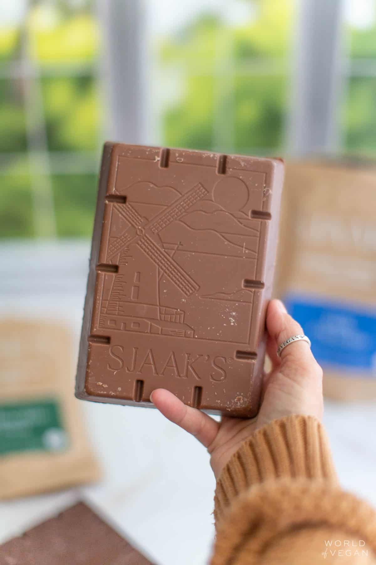 block of Sjaaks couveture vegan milk chocolate for baking