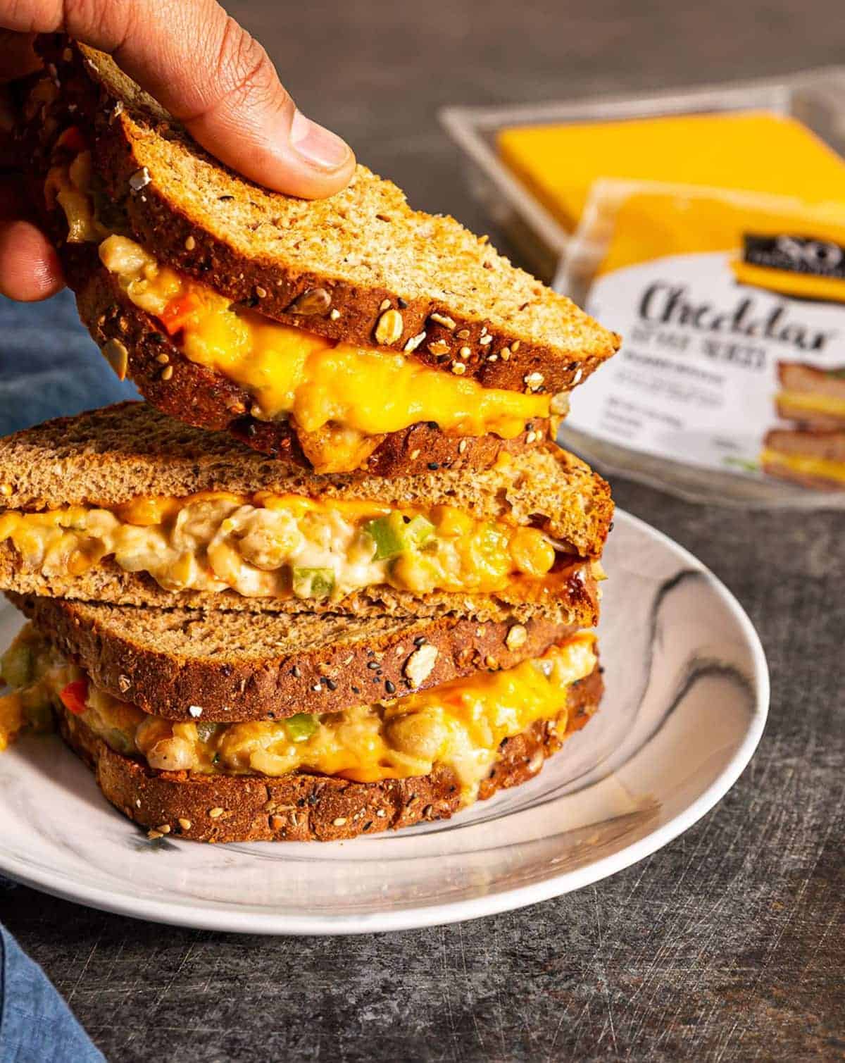 A vegan cheddar melt made with So Delicious brand vegan cheddar.