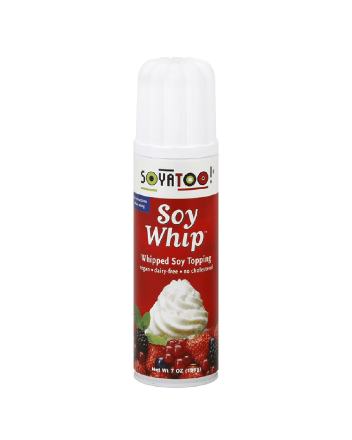 A red bottle of Soy Whip from the brand Soyatoo. 