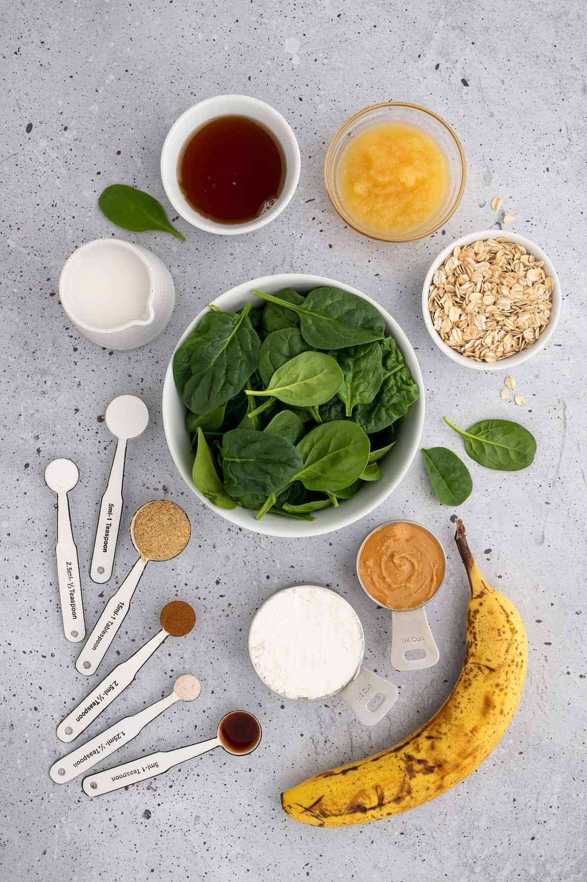 Key ingredients for spinach banana muffins.