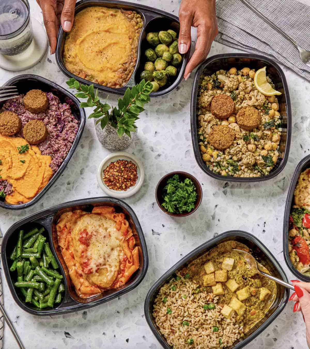 Flatlay of several vegan dinner meal options from splendid spoon.