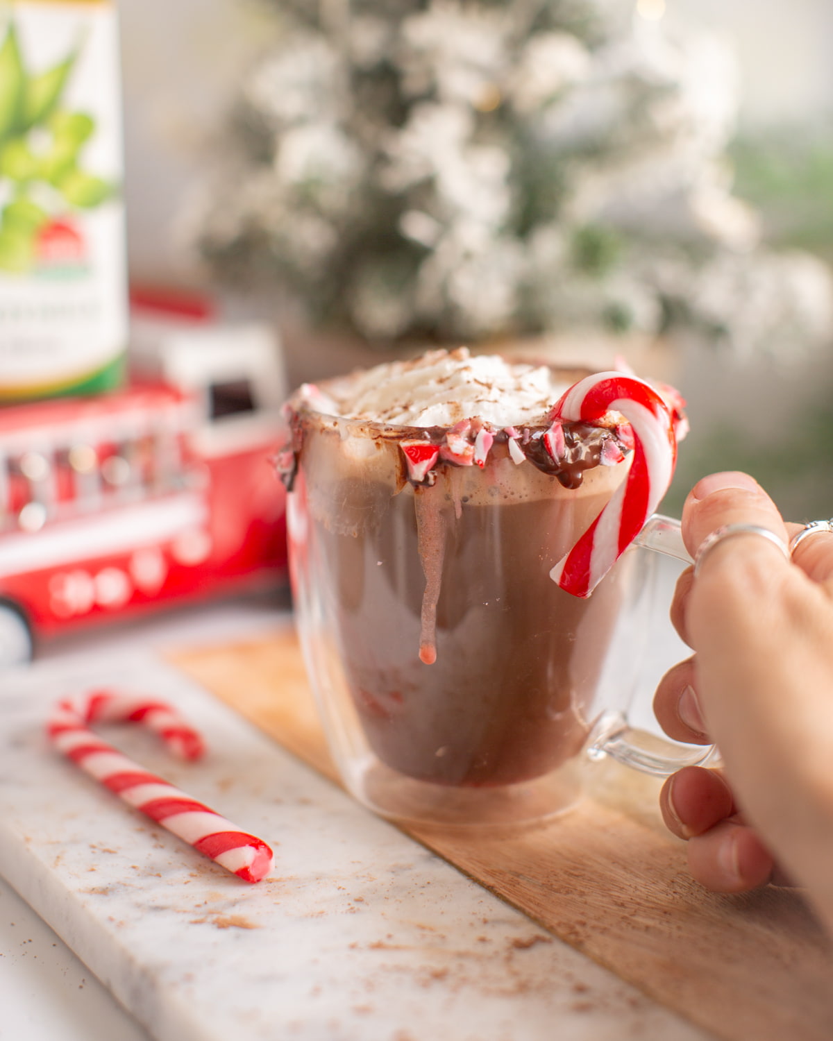 Hand reaching for the handle of the vegan peppermint mocha mug.