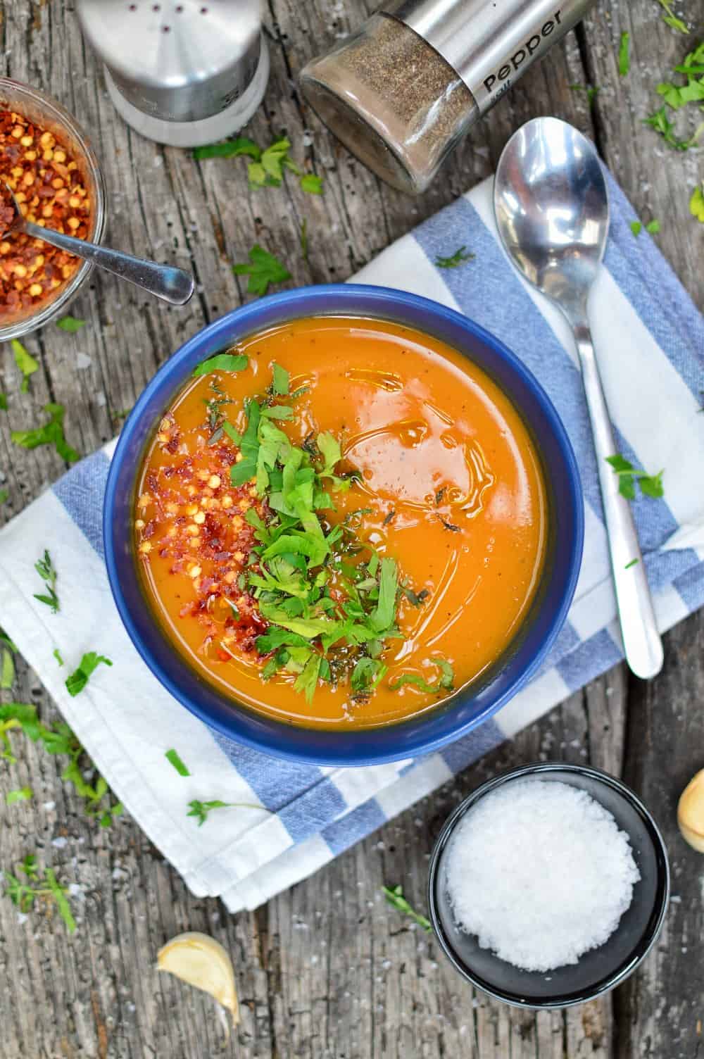 One-Pot Sweet Potato Soup in a blue bowl. 