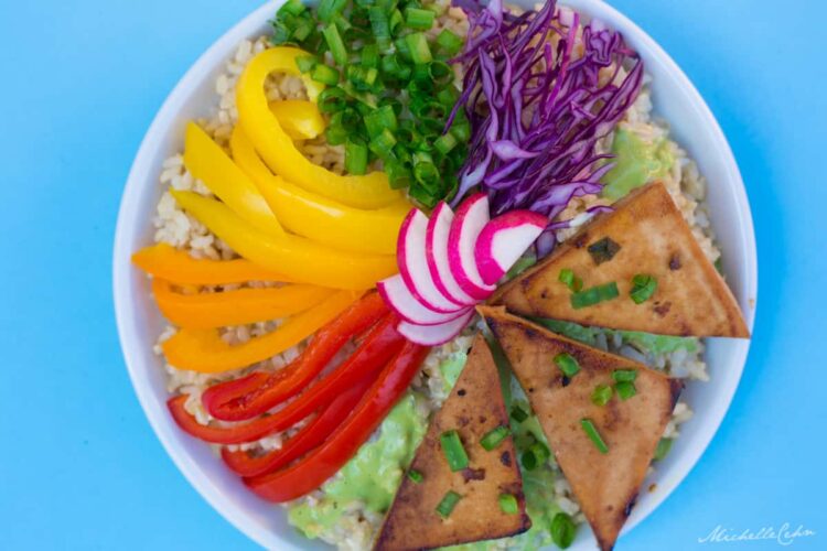 Cilantro Tahini Dressing over Rice Veggies and Grilled Tofu Triangles