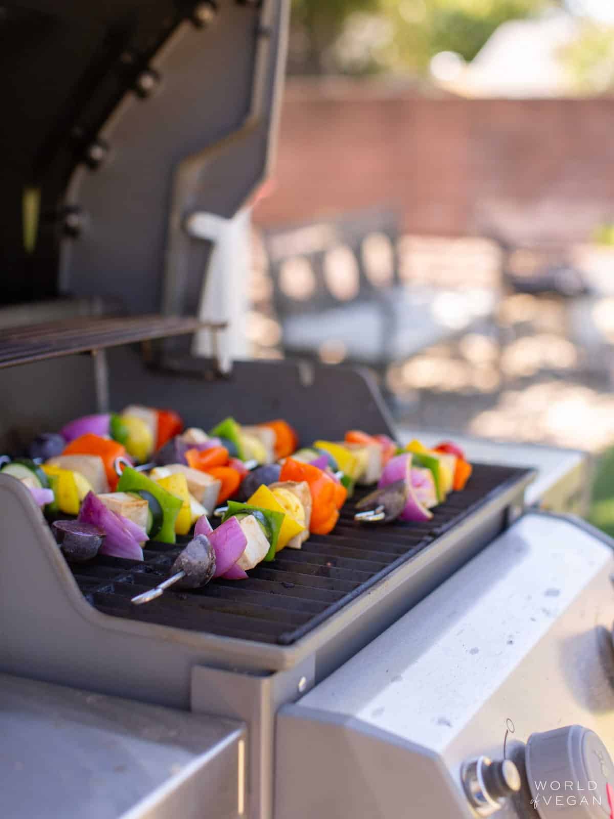 Tofu kebabs on a grill.