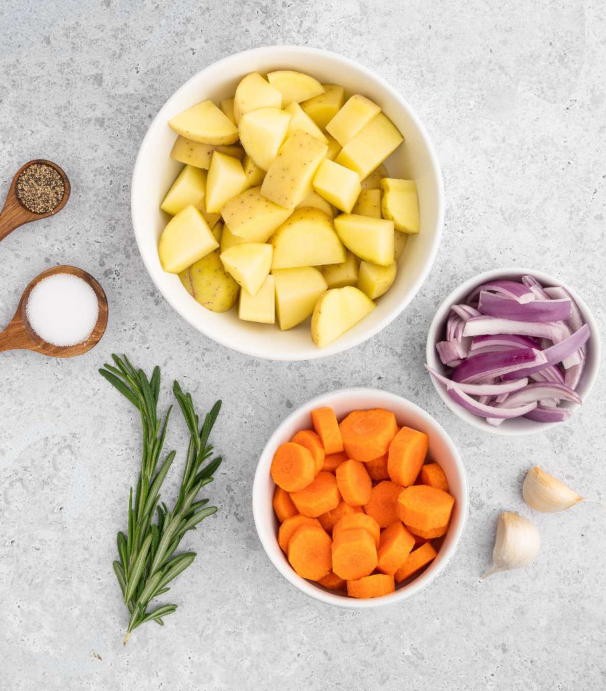 Gathered ingredients for preparing a Tofurky roast, shown in various measuring bowls and spoons.