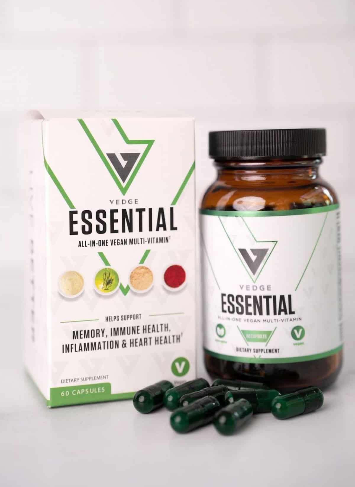 A bottle of Vedge Essential vegan multivitamins.