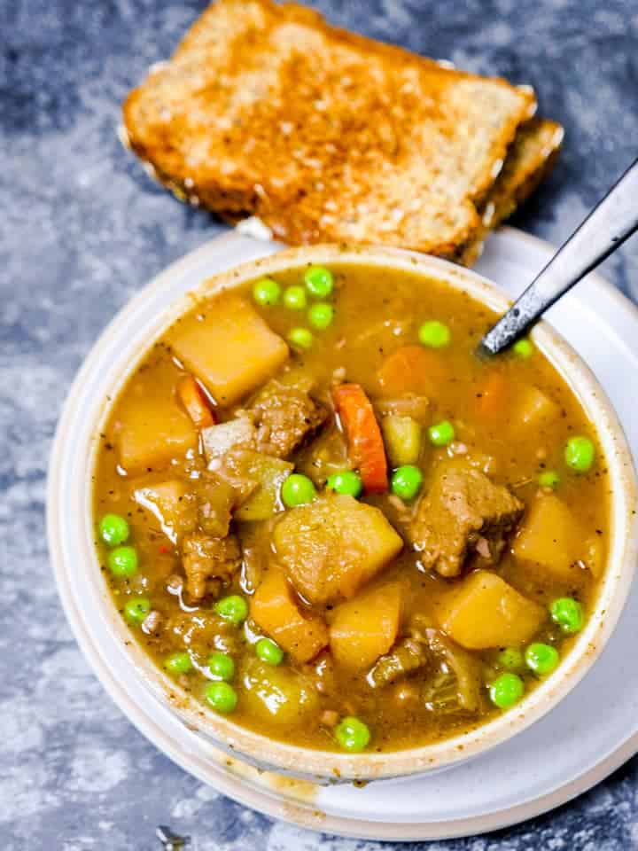 vegan beef stew in a bowl