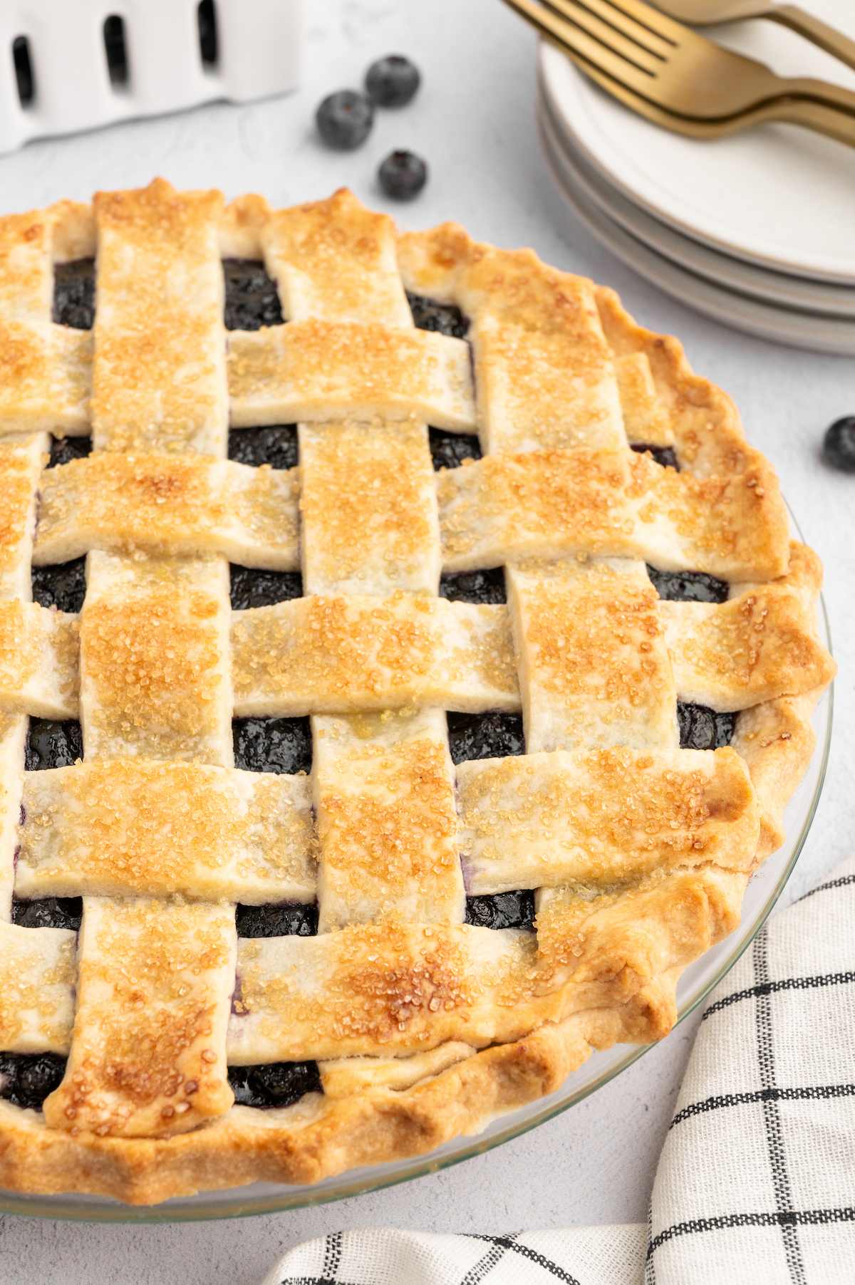 Vegan blueberry pie with a latticed pattern crust on top, baked to golden perfection.