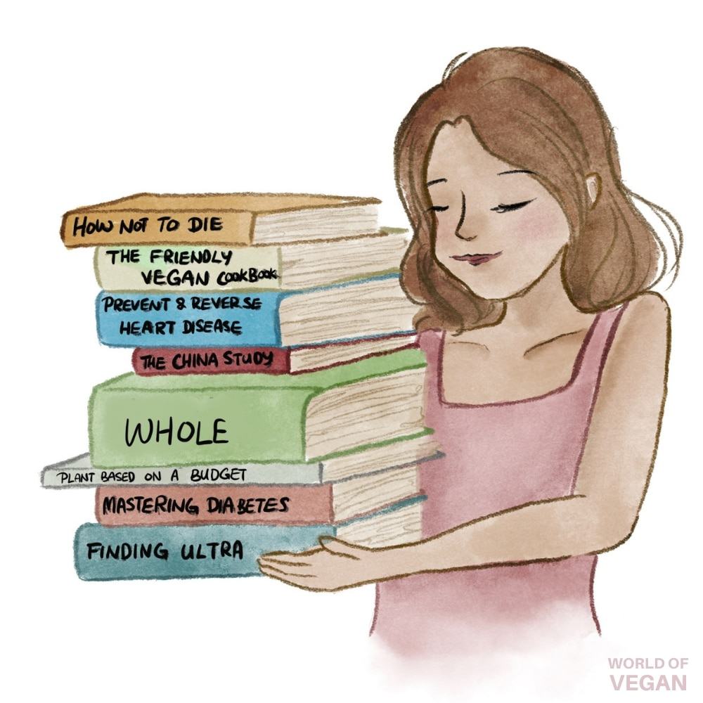 Best Vegan Cookbooks Art Woman Holding A Stack of Books Illustration