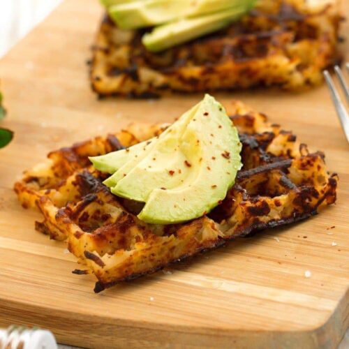 vegan gluten free recipe for hash browns made with waffle iron and topped with avocado