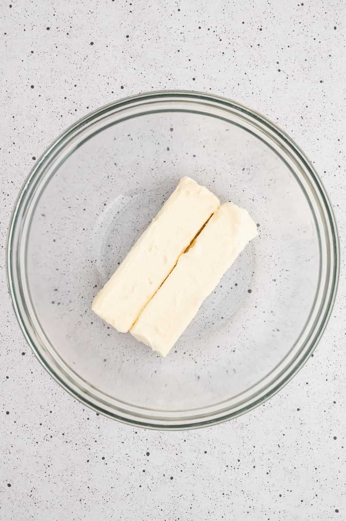 Vegan butter sticks in a mixing bowl.