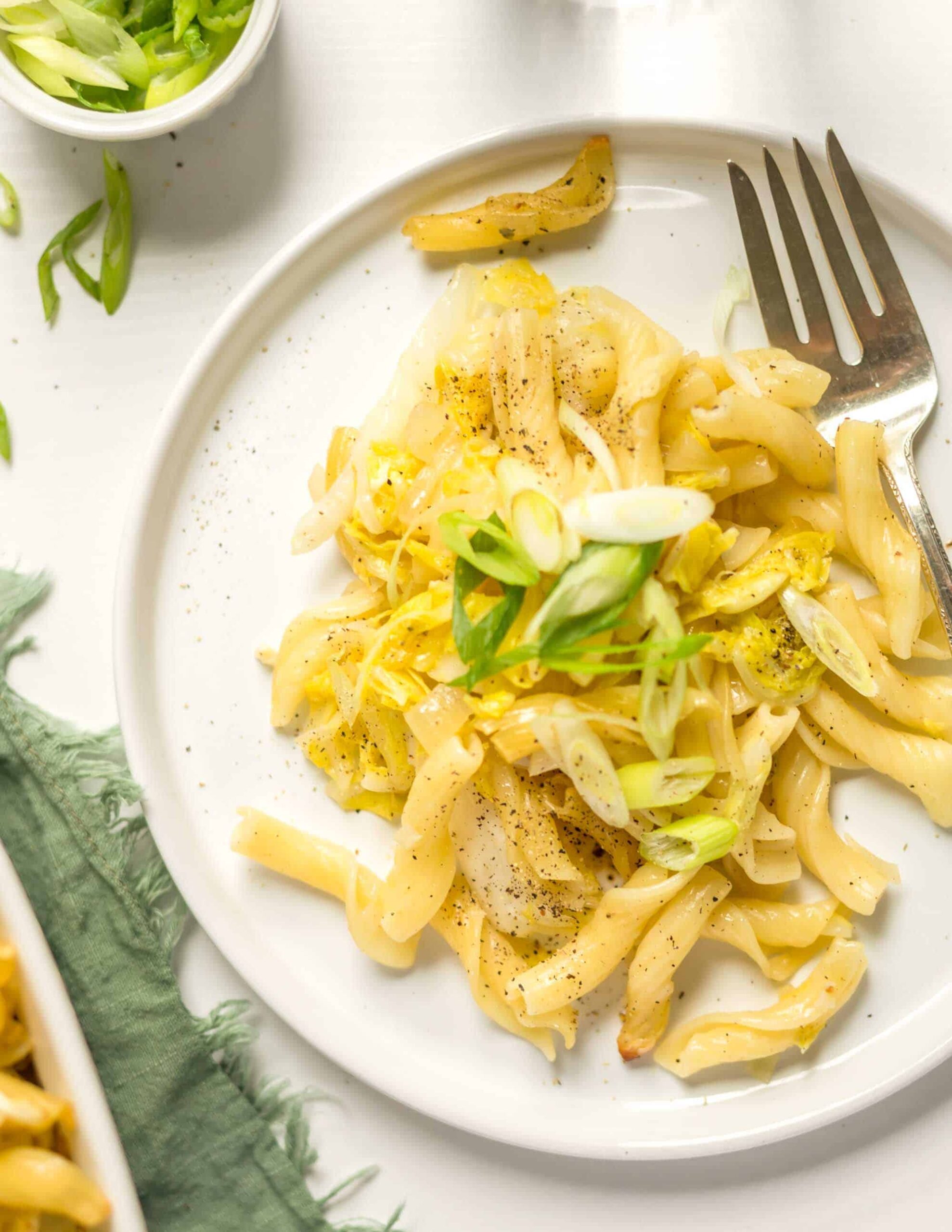 Vegan Cabbage and Noodles Plated With Sliced Shallots