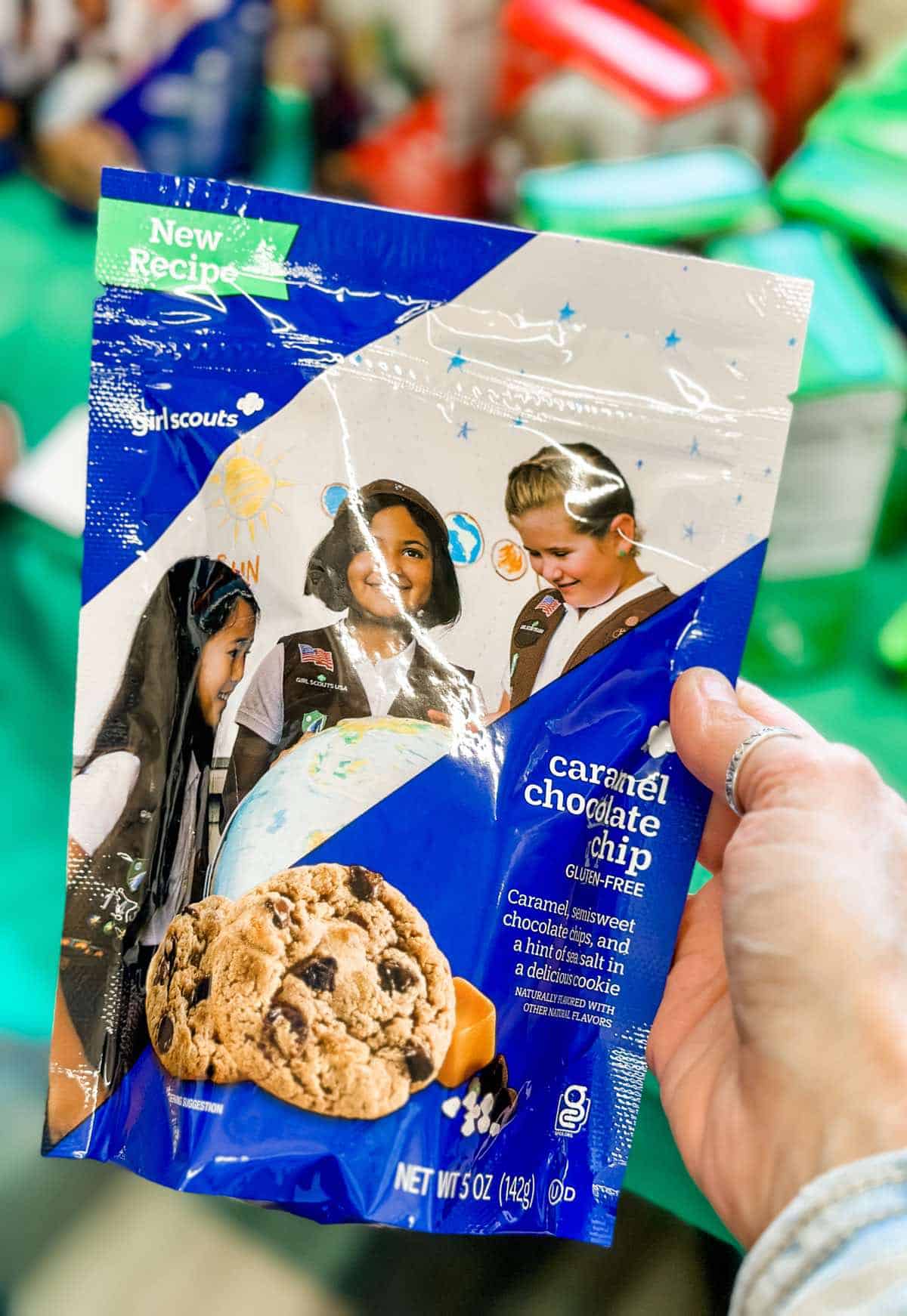 Blue bag of Caramel Chocolate Chip cookies from Girl Scouts with vegan label. 