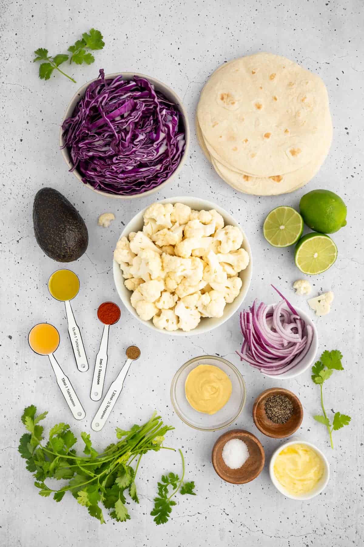 Essential ingredients for vegan cauliflower tacos.