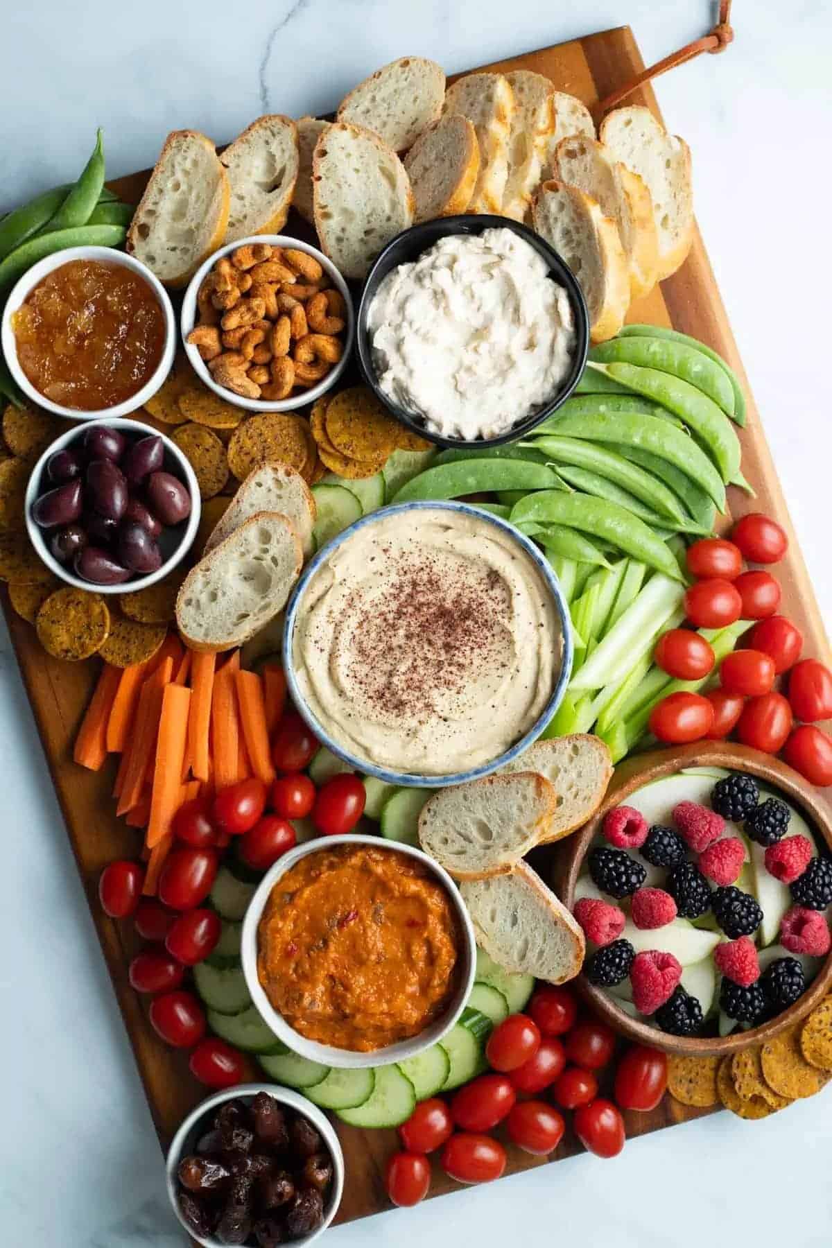 A colorful vegan charcuterie board.