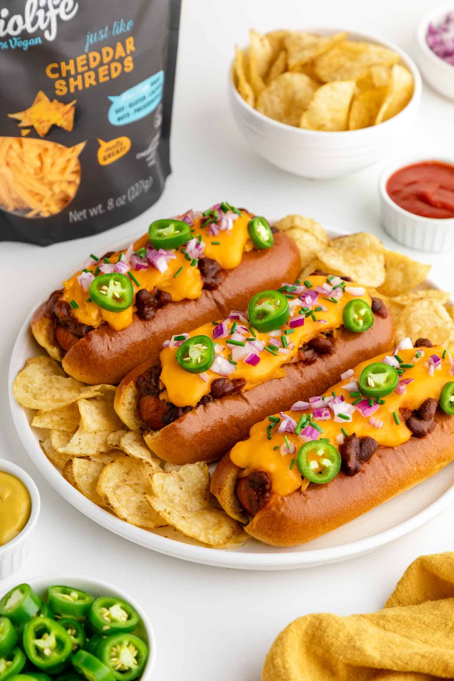 vegan party foods chili cheese dogs