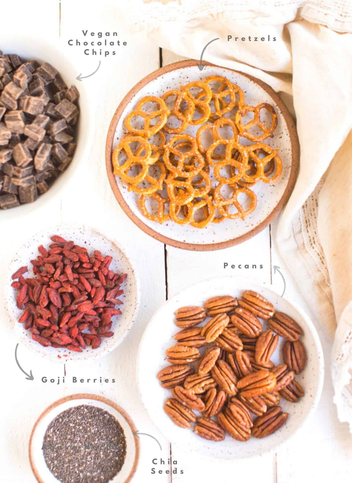 Vegan Chocolate Bark Ingredients—Goji Berries, Chia Seeds, Pecans, Chocolate Chip, Pretzels