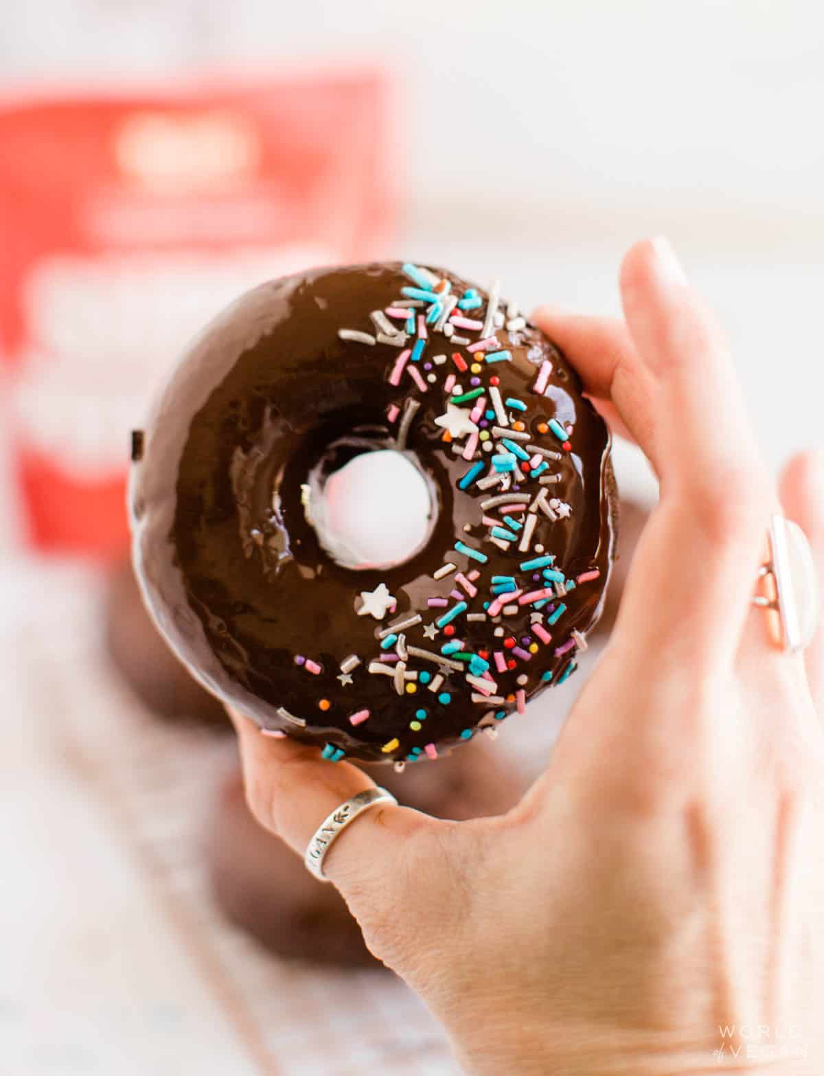 Holding up a vegan chocolate donut with sprinkles.